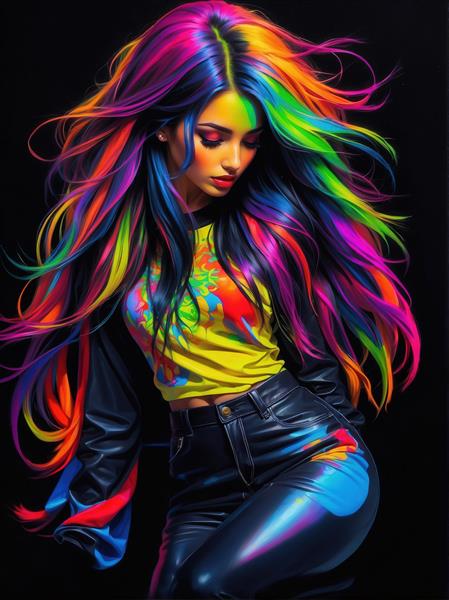 تصویر دختر با استایل نئون و موهای رنگین‌کمانی برای پوستر دیواری