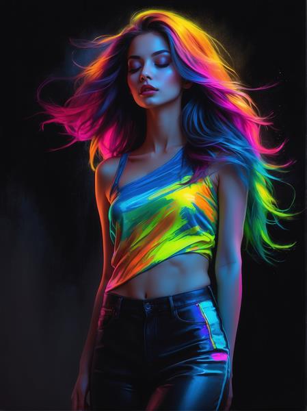 عکس مدل زن با موهای بلند رنگارنگ نئونی برای تابلوی مدرن