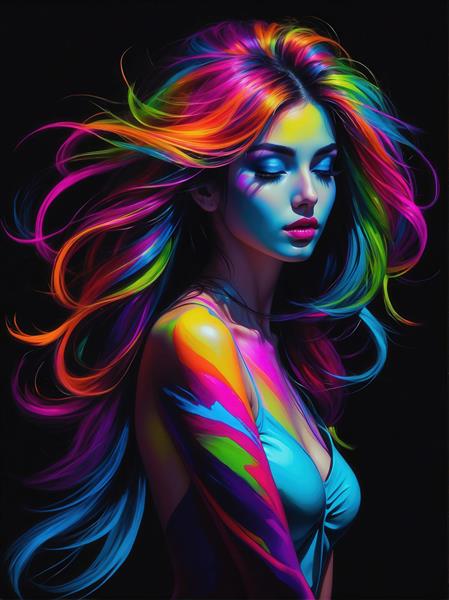 طرح پرتره دختر با موهای نئونی رنگین‌کمان برای چاپ پرده و شال