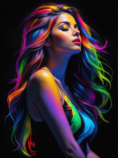 تصویر چهره زن با موهای بلند رنگارنگ مناسب تابلوی دکوراتیو