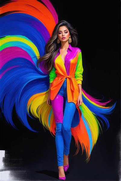 عکس مدل زن با لباس‌های رنگی نئونی برای پوستر دیواری باکیفیت