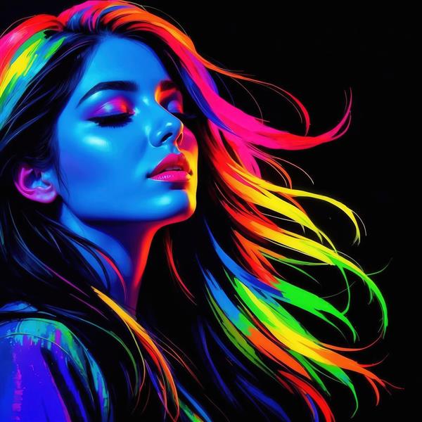 طرح پرتره دختر با موهای نئونی رنگارنگ برای چاپ روی پرده