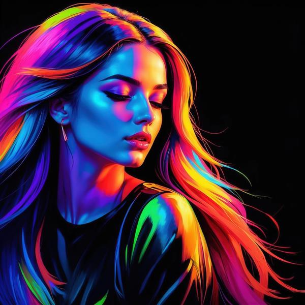 عکس پرتره دختر با موهای رنگی و نورپردازی نئون جذاب