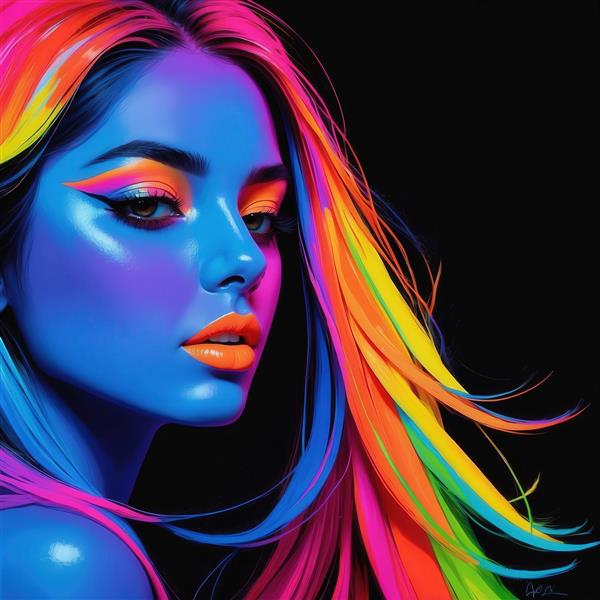 طرح پرتره دختر با میکاپ نئونی رنگارنگ برای چاپ عریض و باکیفیت
