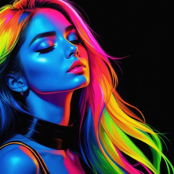 تصویر چهره دختر با موهای نئونی و یقه چرمی برای تابلو اتاق