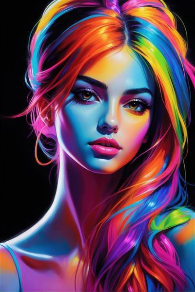 تصویر پرتره دختر با موی رنگارنگ نئونی برای چاپ کوسن و ماگ