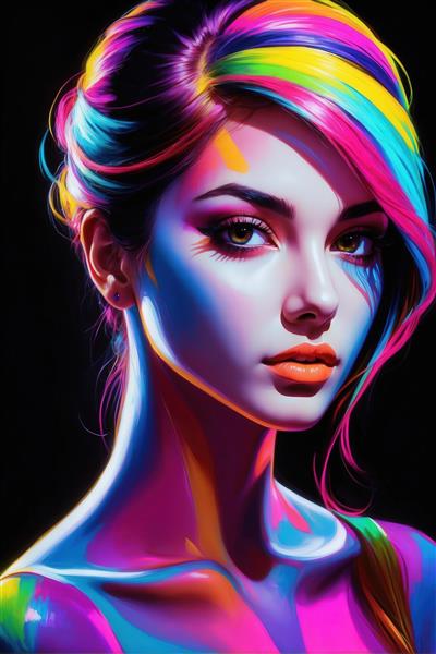 عکس پرتره دختر با تم رنگین‌کمان نئونی برای تابلوی هنری مدرن