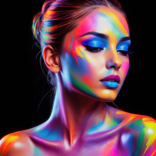 تصویر چهره زن با نقاشی بدن رنگارنگ نئونی برای تابلوی هنری