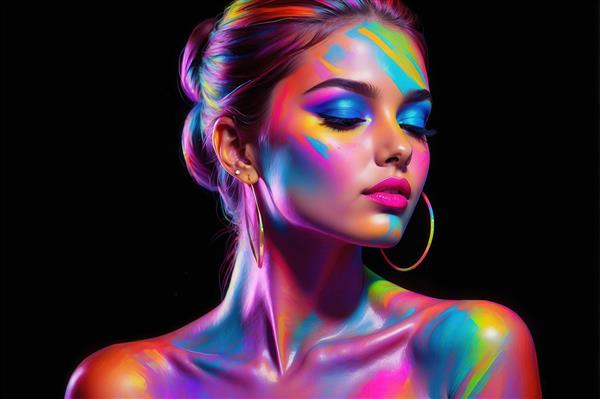 عکس پرتره زن با نقاشی نئون روی صورت برای چاپ پوستر دیواری