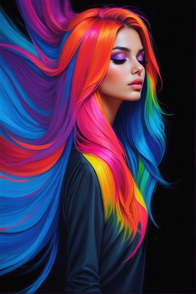 طرح پرتره دختر با موهای بلند رنگارنگ نئونی برای تابلو دکوراتیو