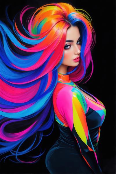 تصویر دختر جذاب با موی بلند نئونی برای چاپ عریض و باکیفیت