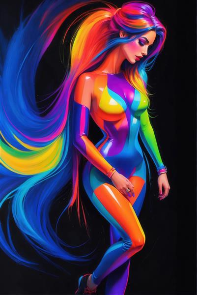 عکس فانتزی دختر با لباس رنگارنگ نئونی برای چاپ تابلوی مدرن