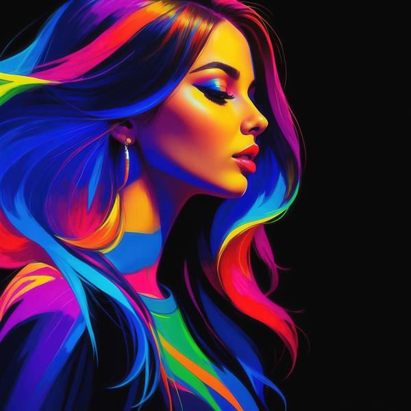 طرح نیم‌رخ دختر با موهای بلند و رنگین‌کمانی برای چاپ پوستر