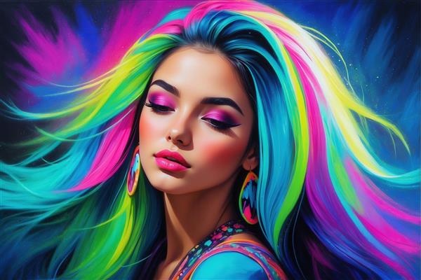 عکس دختر با موهای بلند رنگین‌کمانی و پس‌زمینه فانتزی دکوراتیو