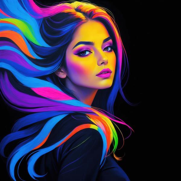 طرح پرتره دخترانه نئون با موهای مواج برای چاپ تابلو دیواری