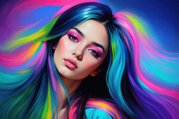 تصویر چهره دختر با موهای شاد رنگین‌کمان برای تابلوی اتاق نشیمن