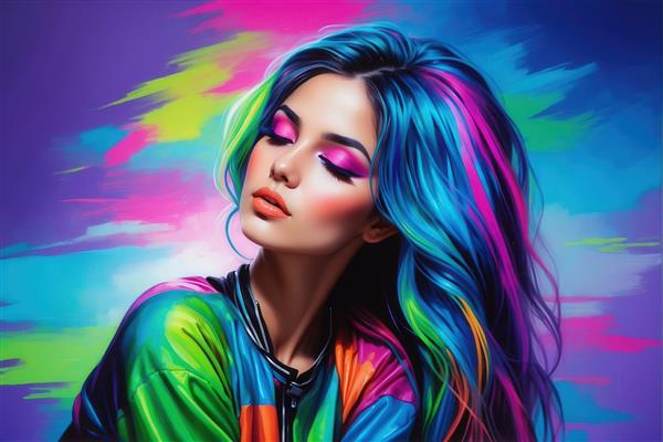 طرح چهره دختر فانتزی رنگارنگ با بک‌گراند آبستره برای چاپ