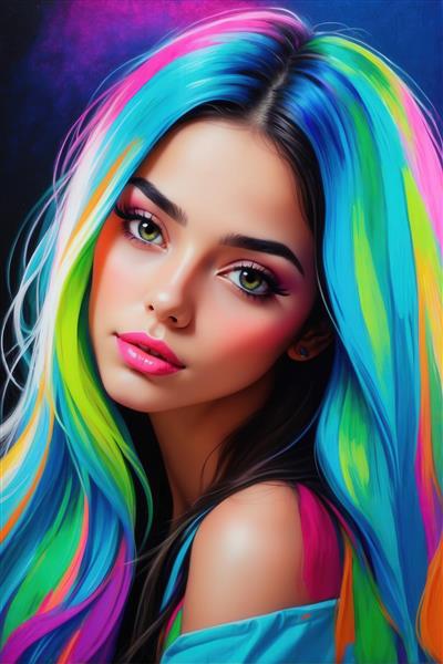 تصویر پرتره دختر جذاب با موی بلند نئونی برای تابلو دکوراتیو منزل