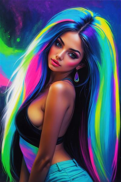 عکس دختر زیبا با موهای بلند رنگین‌کمانی برای پوستر دیواری باکیفیت