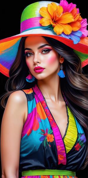 تصویر زن با کلاه حصیری و لباس گلدار برای تابلو عمودی