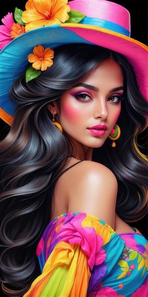 تصویر زن با کلاه بزرگ فوشیا و لباس رنگین‌کمانی برای کوسن