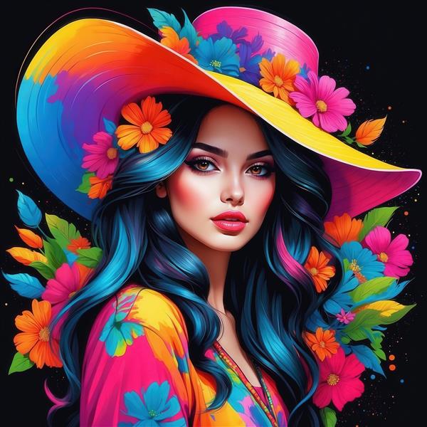 طرح زن با کلاه حصیری سفید و پس‌زمینه نئونی برای پوستر