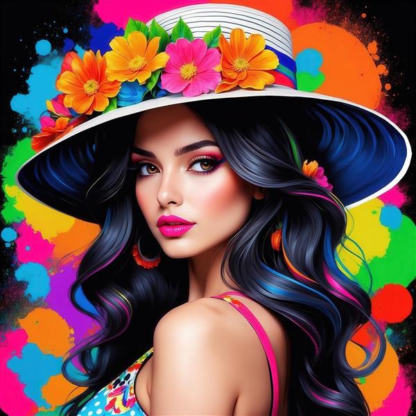 تصویر زن با کلاه آبرنگی نئونی برای چاپ روی روتختی کودک