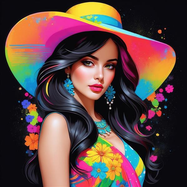 عکس پرتره زن با کلاه بنفش و لباس رنگارنگ برای تابلو دیواری