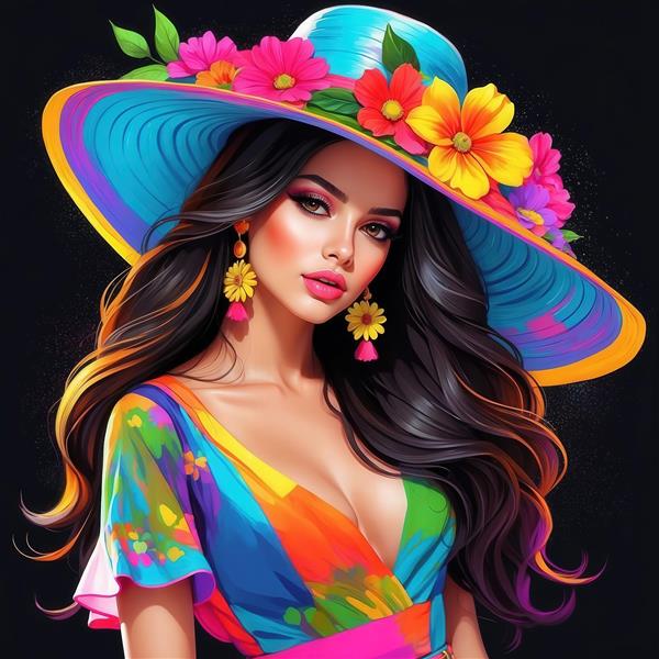 عکس زن با لباس رنگین‌کمانی و کلاه آبی برای پوستر پس‌زمینه تیره