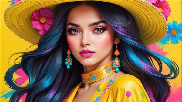 تصویر زن با لباس زرد و موهای رنگارنگ برای چاپ روی ماگ