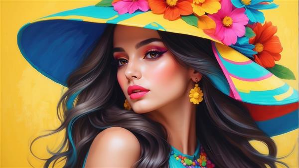 طرح زن با کلاه آفتابی آبی زرد برای تابلو دکوراتیو باکیفیت
