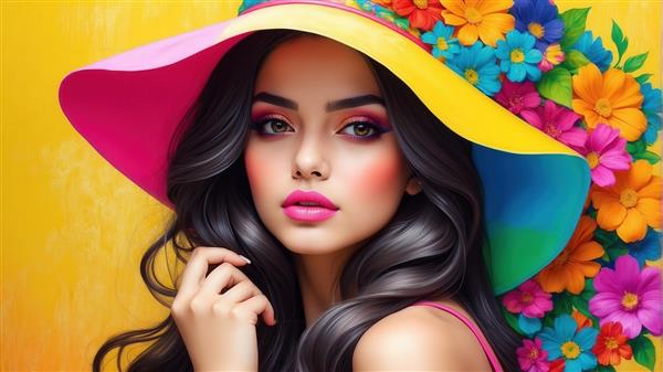 تصویر زن زیبا با کلاه رنگی بزرگ و پس‌زمینه زرد برای پوستر