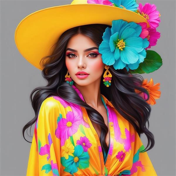 طرح زن با پیراهن و کلاه زرد گلدار برای چاپ روی پرده و روتختی