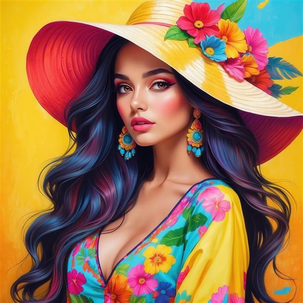 عکس زن جذاب با کلاه حصیری و لباس گلدار برای تابلو نشیمن