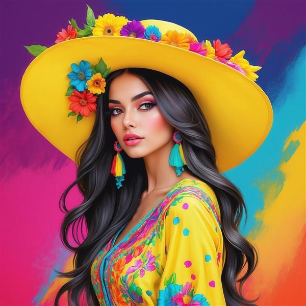 طرح زن با لباس و کلاه زرد و گوشواره‌های آویز برای دکور منزل