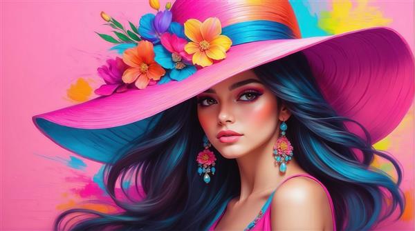 عکس زن با کلاه بزرگ صورتی و گوشواره‌های آبی برای پوستر باکیفیت