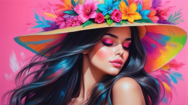 تصویر فانتزی زن با کلاه تابستانی گلدار با پس‌زمینه صورتی