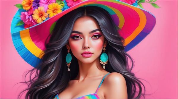 طرح زن زیبا با کلاه راه راه رنگی برای چاپ روی روتختی