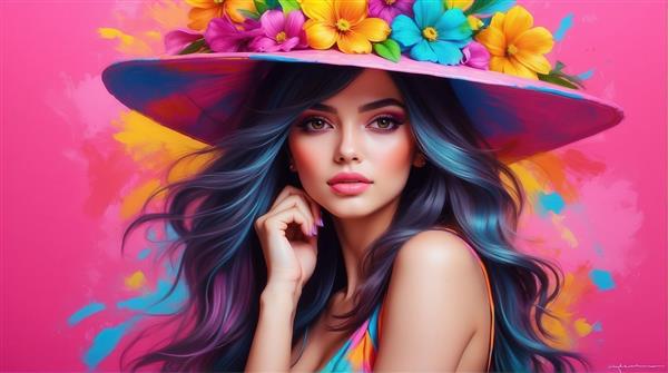 عکس زن با کلاه بزرگ صورتی و موهای فیروزه‌ای برای تابلو چاپی