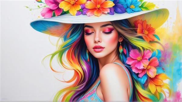 تصویر زن جذاب با موهای رنگین‌کمانی برای پوستر اتاق نوجوان