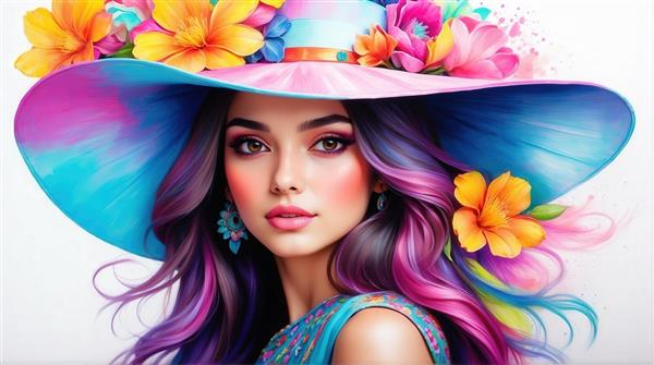 طرح زن فانتزی با کلاه آبی صورتی برای چاپ روی ماگ و پرده