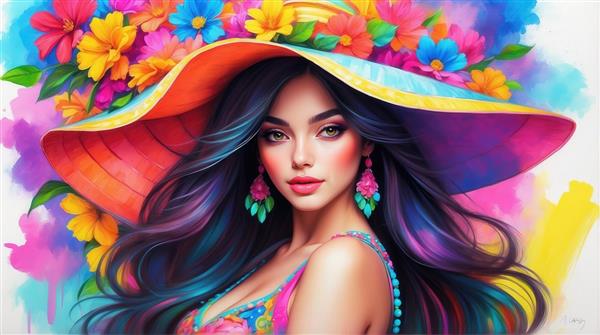 عکس زن با کلاه رنگارنگ و گوشواره‌های شیک برای دکوراسیون نشیمن