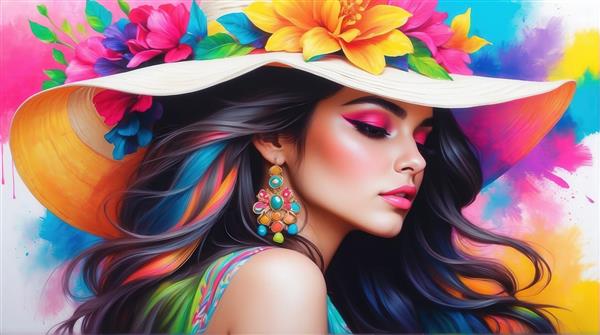 تصویر پرتره زن با کلاه بزرگ گلدار برای روتختی و کوسن