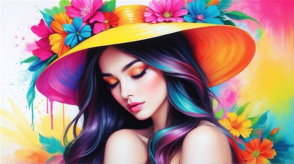 طرح زن فانتزی با موهای رنگی برای چاپ روی تابلو دکوراتیو