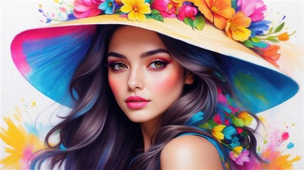 عکس پرتره زن با کلاه آفتابی و رنگ‌های شاد برای پوستر دیواری