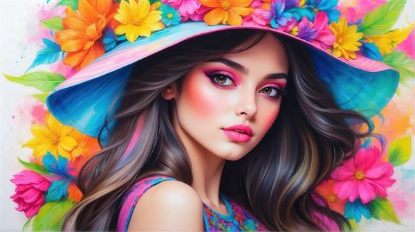 طرح پرتره زن با کلاه گل‌دار و پس‌زمینه روشن برای پوستر آبرنگی