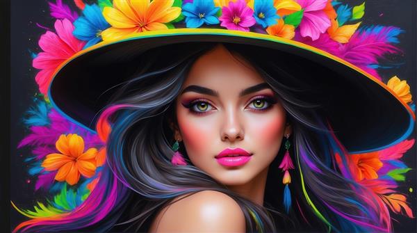 تصویر زن با کلاه مشکی و گل‌های نئونی برای چاپ روی پرده و پارچه