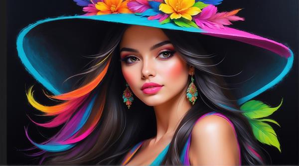 عکس زن زیبا با کلاه لبه‌پهن و موهای رنگی برای تابلوی اتاق نشیمن