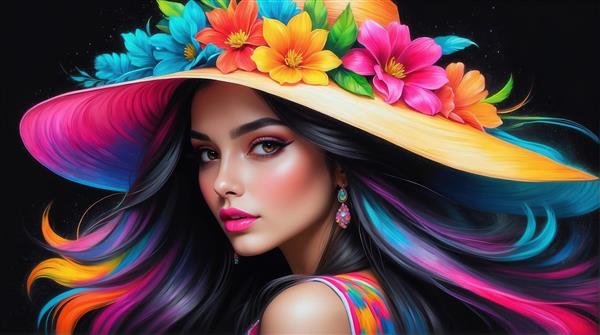 طرح زن با کلاه پرگل آبرنگی برای پوستر دیواری با تم رنگارنگ