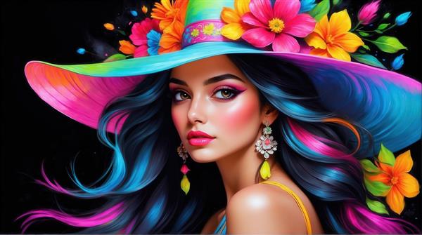 تصویر پرتره زن با کلاه لبه‌دار گل‌دار برای چاپ روی ماگ و کوسن